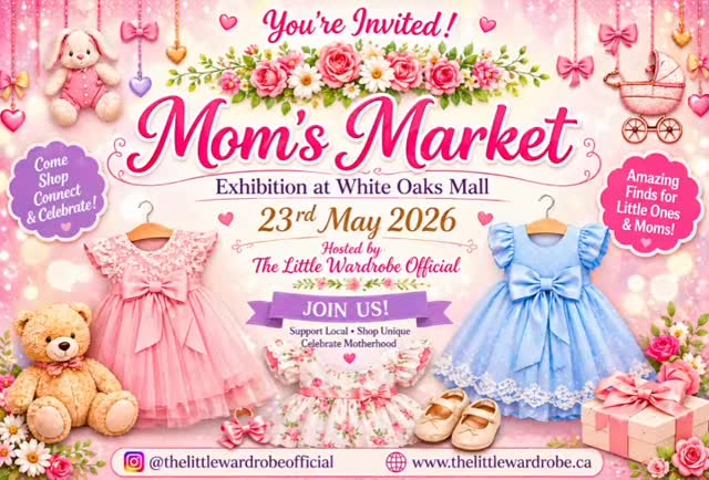 ✨ You’re invited! ✨

Come join us, show some love 💕 and support local!

Step into a dreamy world of adorable finds for your little ones at Mom’s Market 🛍️ From cute outfits to must-have goodies, we’ve got it all waiting for you!

📍 White Oaks Mall
📅 23rd May 2026

Bring your friends, bring your family, and let’s celebrate motherhood together 💖

#MomsMarket #SupportLocal #LittleWardrobe #KidsFashion #ShopLocalCanada MomLife BabyFashion LondonOntarioEvents